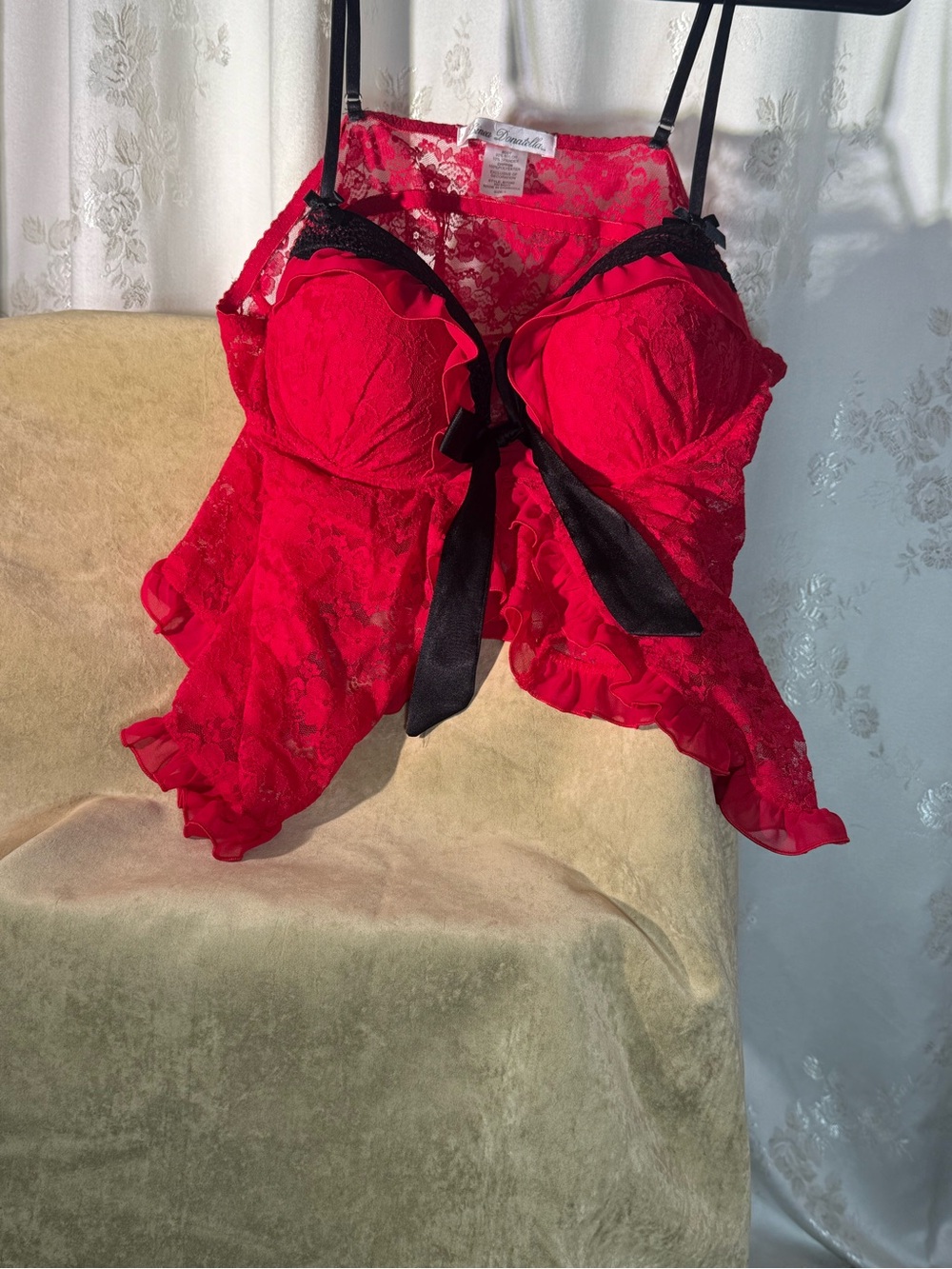 Red Lace Chemise with Black Satin Bow